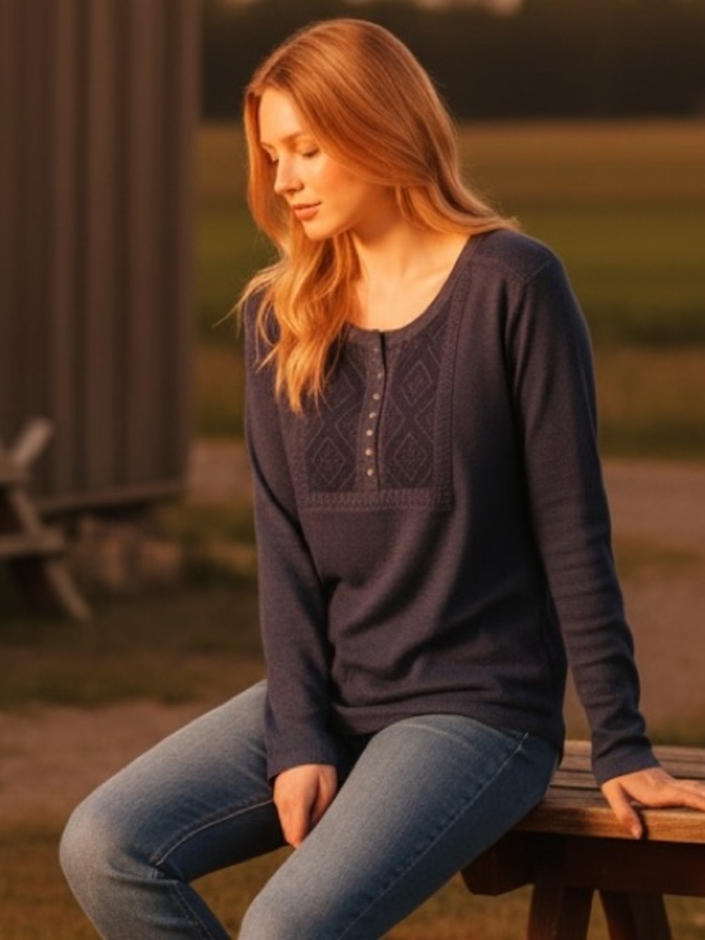 Bob Timberlake Women’s Blue Waffle Knit Henley with Geometric Boho Trim